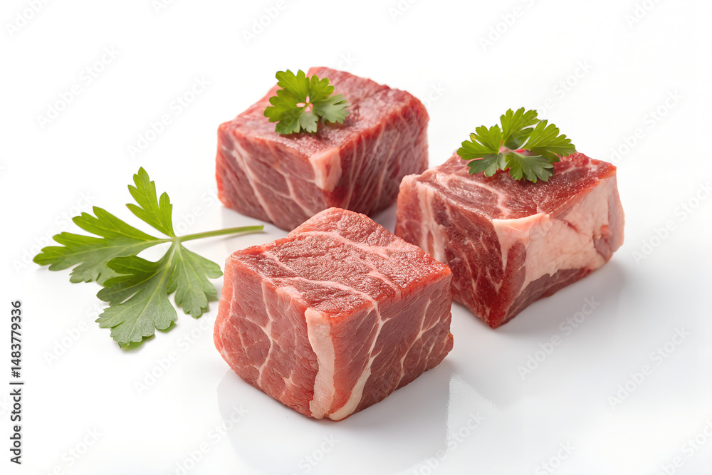 Fototapeta premium Fresh Cubes of Raw Beef with Garnish