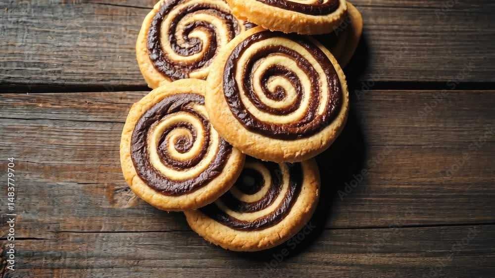 A stack of chocolate and vanilla cookies with swirls on top. The cookies are piled on top of each other on a wooden table A stack of chocolate and vanilla cookies with swirls on top. The cookies are piled on top of each other on a wooden table