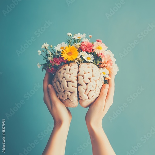 Hands holding paper head human brain with flowers