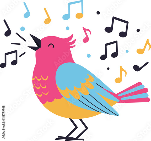 Colorful singing bird with musical notes in bright blue pink and yellow vector illustration 
