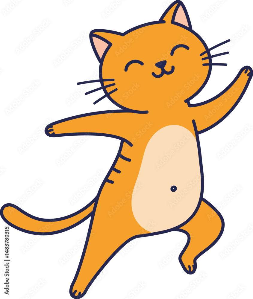 Fototapeta premium Happy orange cat dancing with closed eyes and raised paw vector illustration 