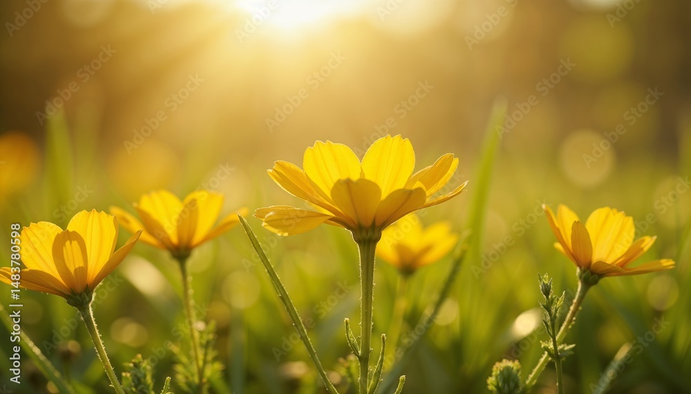 Obraz premium Beautiful close-up of yellow flowers in sunlight, vibrant nature scene, soft bokeh background, copy space