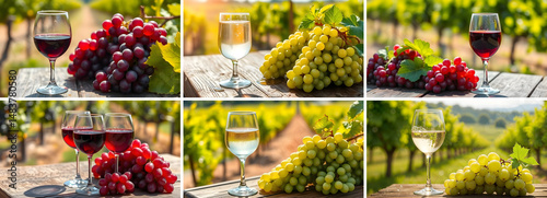 set of white or red wine glass and grapes on vineyards background 