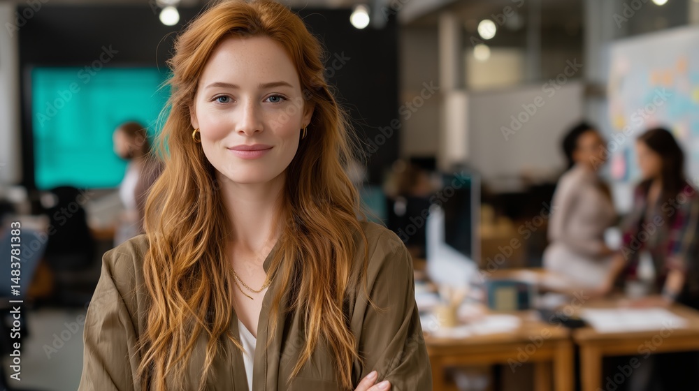 Confident professional woman poses in modern office environment during work hours with team members collaborating in the background