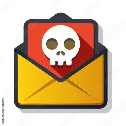 A stylized illustration of an open yellow envelope revealing a red interior with a white skull, representing a spam, phishing, or malware email.