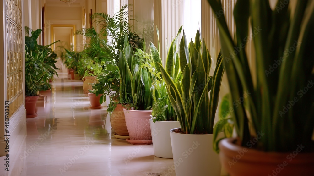 Indoor tropical plants line a bright hallway in a modern building during daylight hours