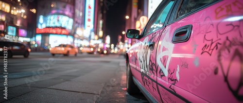 Pink graffiti car on city street at night urban transportation
