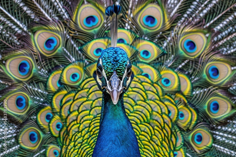Fototapeta premium Close-up portrait of a male peacock displaying beautiful plumage
