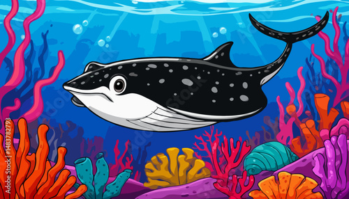 Colorful cartoon stingray swimming among vibrant coral reef  