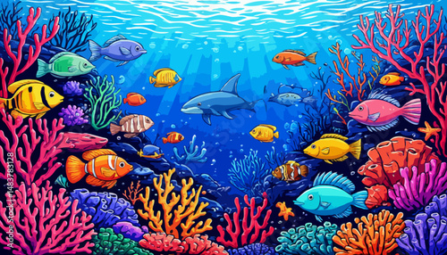 Colorful underwater coral reef with various fish swimming  