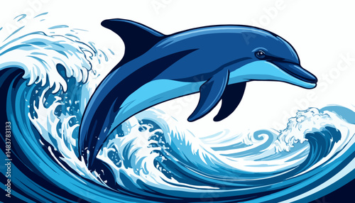 Dolphin jumping out of ocean waves in vibrant blue colors  