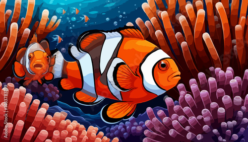 Colorful clownfish swimming among vibrant coral reefs underwater  