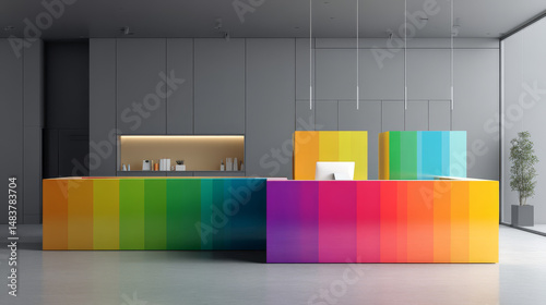 A vibrant and modern reception area with colorful gradients and sleek design.