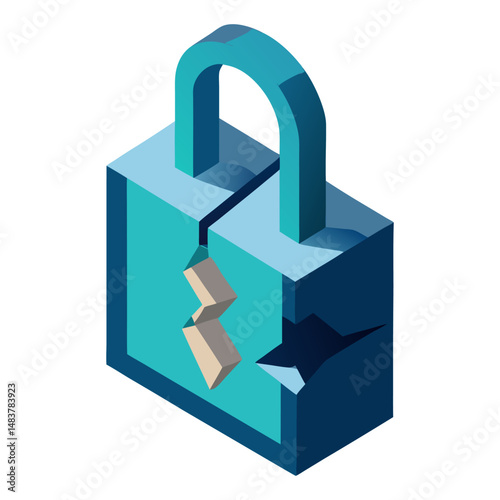 An isometric illustration of a light blue padlock that is cracked and broken, symbolizing a security breach or vulnerability.
