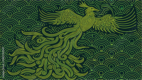 A vibrant green phoenix bird gracefully soars above a sea of stylized waves a captivating design perfect for textile prints apparel home decor and digital art projects featuring intricate line art