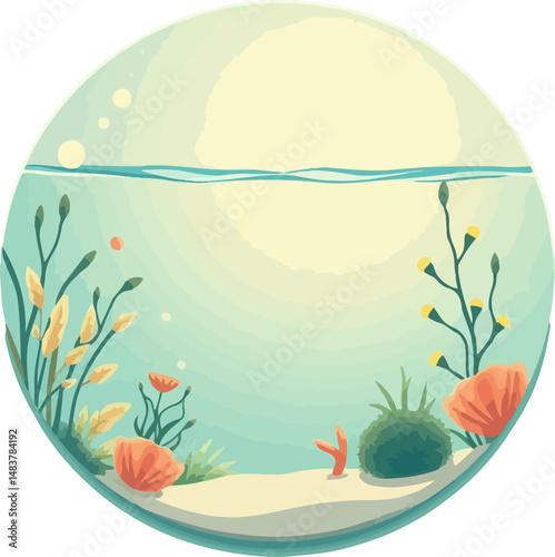 Illustration of the round aquarium with plants in it.