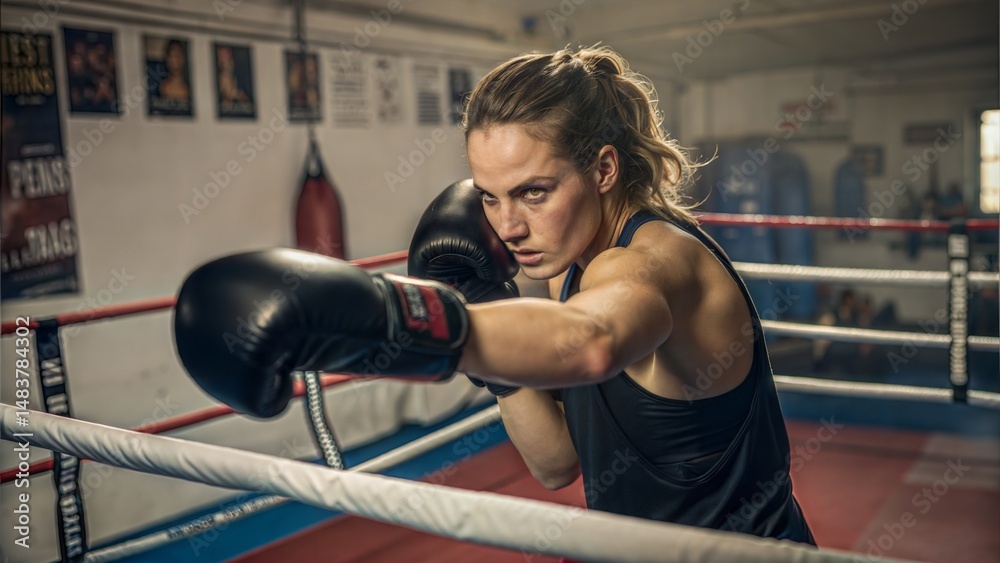 Fototapeta premium Determined Woman Boxer Training with Right Hand Punch 