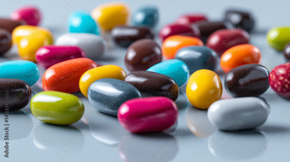 A vibrant array of colorful candies arranged artistically on a reflective surface. A vibrant array of colorful candies arranged artistically on a reflective surface.