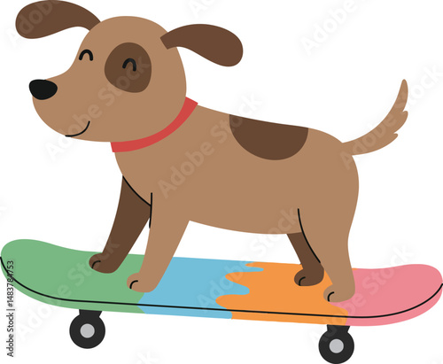 Cute brown dog riding colorful skateboard vector illustration in playful style for kids and leisure activities 