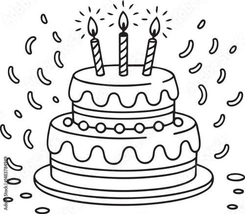 Two tier birthday cake with candles and confetti, simple hand-drawn outline coloring page illustration