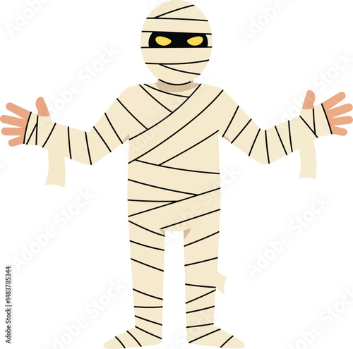 Cartoon mummy character wrapped in beige bandages with glowing yellow eyes for Halloween costume or spooky theme vector illustration 