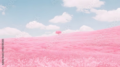 Fototapeta Naklejka Na Ścianę i Meble -  Pink Flower Field Landscape with Single Tree