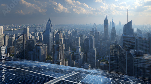 city skyline with solar panels