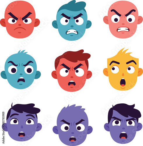 Angry male faces vector set showing diverse emotions with colorful skin tones and expressive features for graphic design and communication 