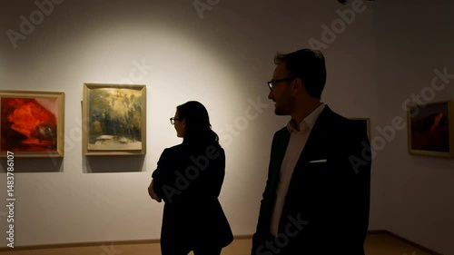 two art enthusiasts admire a painting illuminated by a spotlight in a gallery as camera zooms out, other artwork on walls visible. concept of art and culture