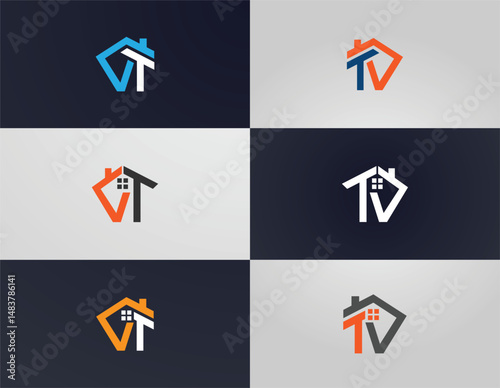Six versions of a vt or tv real estate house logo vector template