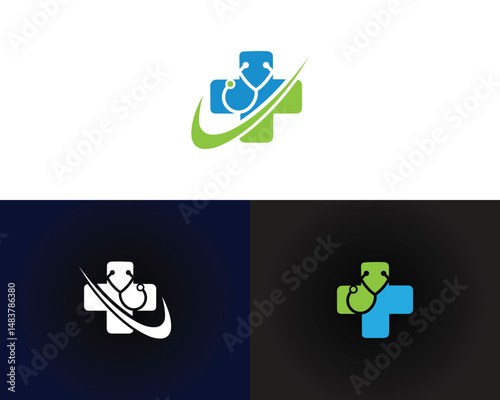 Medical cross logo with stethoscope and swoosh vector template for healthcare modern design