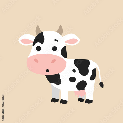 Cute dairy cow cartoon vector illustration with black and white spots in square format for children designs 