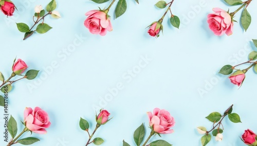 Delicate watercolor rosebuds in a repeating pattern on light blue background, spring, soft
