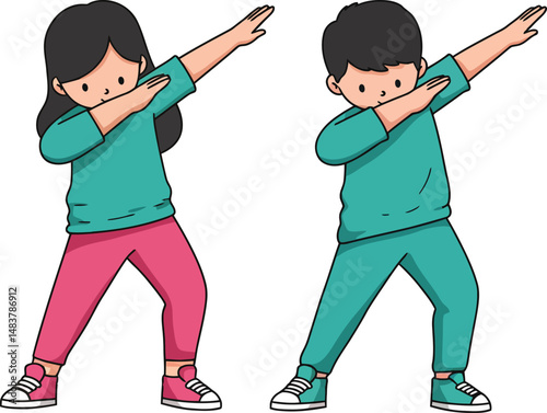 Children performing dab dance pose in colorful casual clothes vector illustration 