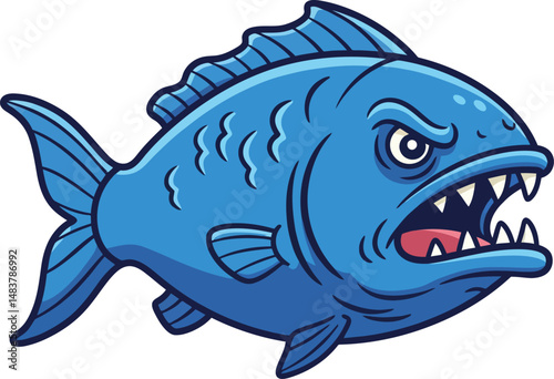 Fierce blue piranha fish with sharp teeth vector illustration in aggressive pose for wildlife design 