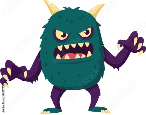 Cartoon green furry monster with purple limbs and yellow horns vector illustration for children and fantasy designs 
