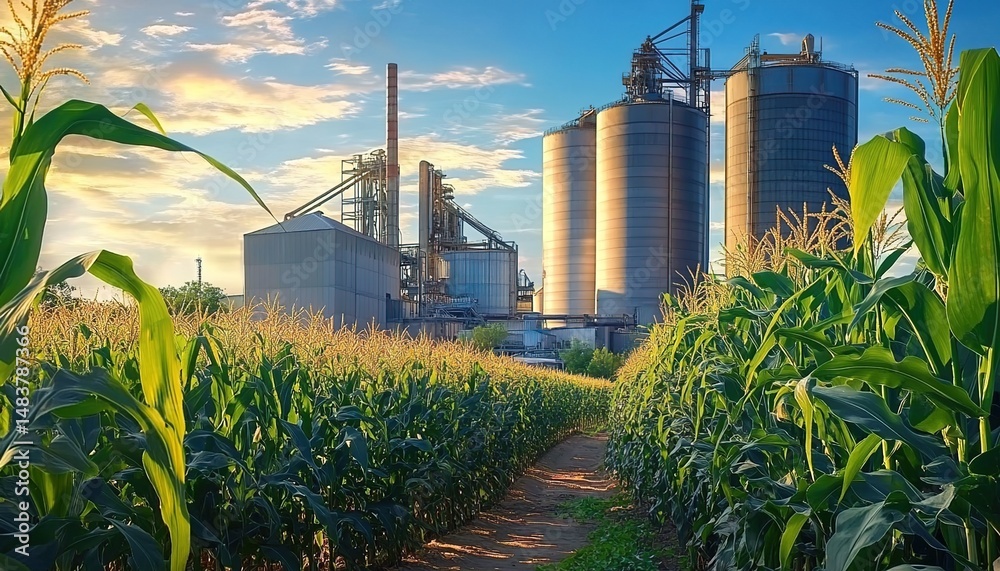 Obraz premium Cornfield with Industrial Silos at Sunset