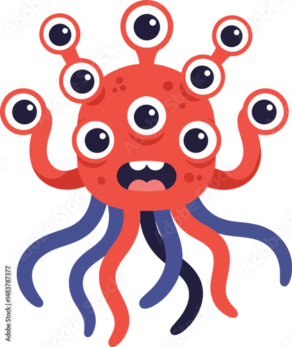 Red and blue many-eyed cartoon monster with tentacles vector illustration for children’s fantasy and horror themes 