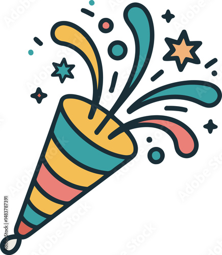 Colorful party popper with confetti and stars illustration, celebration vector graphic