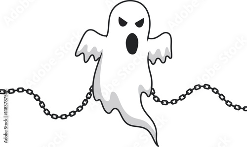 Ghost with angry expression and broken chains spooky Halloween character vector illustration 