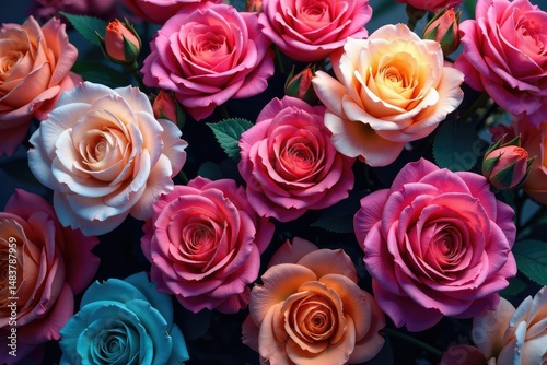 Intricate blooming roses, densely packed, vibrant hues, repetitive, vintage