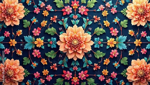 Intricate floral textile design, repeating motif, illustration, wallpaper, decor