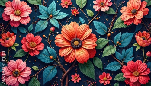 Intricate floral textile design, repeating motif, traditional, summer, surface
