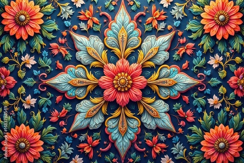 Intricate floral textile design, repeating motif, vibrant, illustration, petal