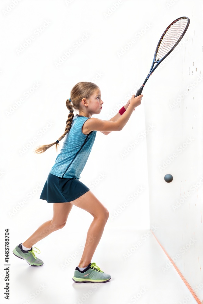 Young Caucasian girl playing squash isolated on white background Young Caucasian girl playing squash isolated on white background
