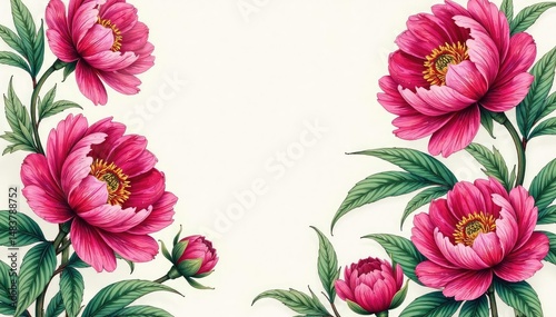 Intricate line art peony blossoms, repeating motif, drawing, elegant, bloom