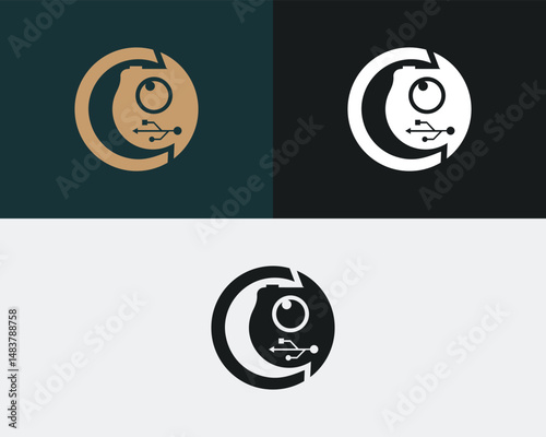Minimalist logo design featuring surveillance camera eye and usb icon in three color variations vector template