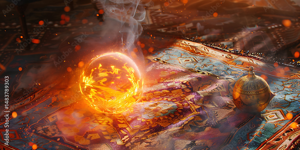 Naklejka premium Glowing Fiery Orb Resting on a Richly Patterned Rug Surrounded by Wisps of Smoke and Sparkles Creating an Enchanting Atmosphere.