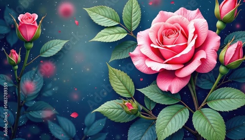 Intricate watercolor rose buds, swirling leaves, nature, floral