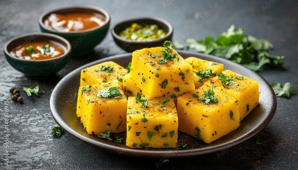 Cubed Yellow Dish with Spices and Herbs Served with Sauces Cubed Yellow Dish with Spices and Herbs Served with Sauces